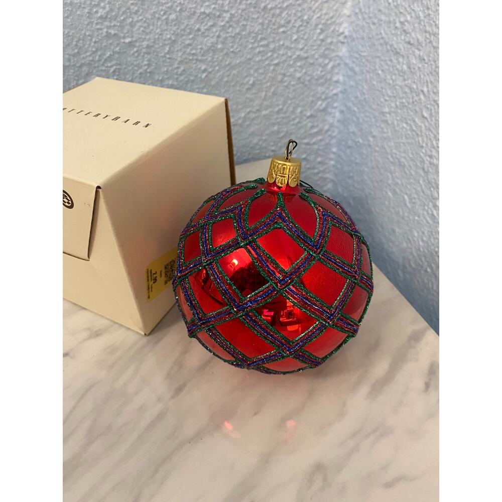 Pottery Barn Red Glass Glitter Lattice Ball Ornament w/ Original Box
